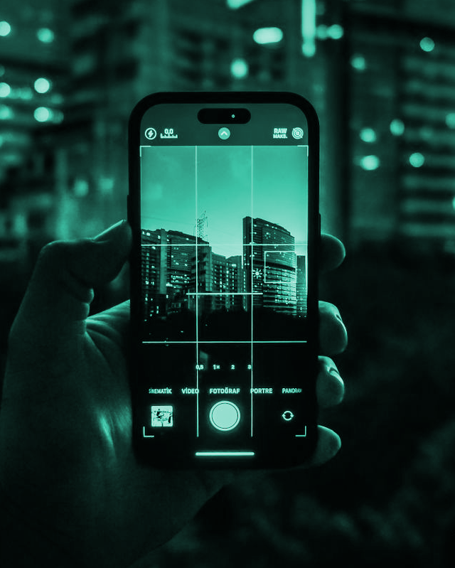 Hand holding a phone, tinted green.