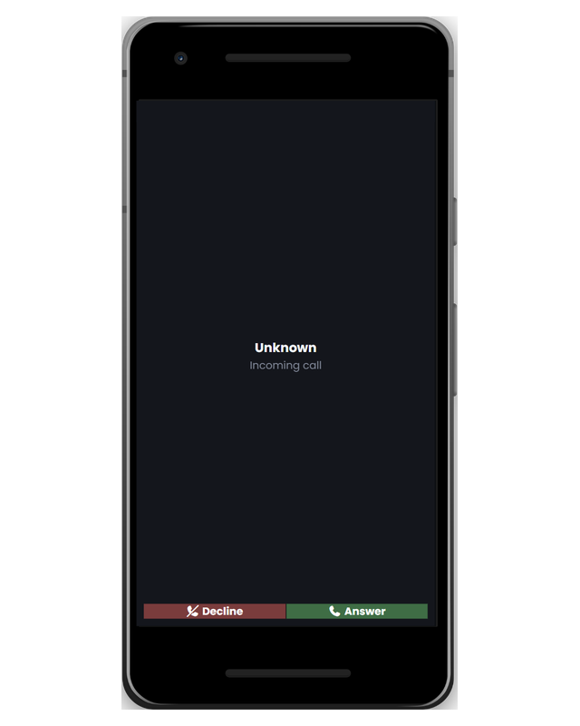 Casefile: Phone on the Slab Modern skin with the Modern theme, ringing: an incoming call from Unknown, with Decline and Answer.
